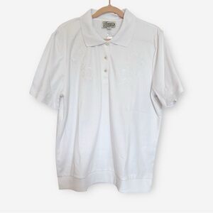 Tradition White Floral Embroidered Polo Shirt Size L